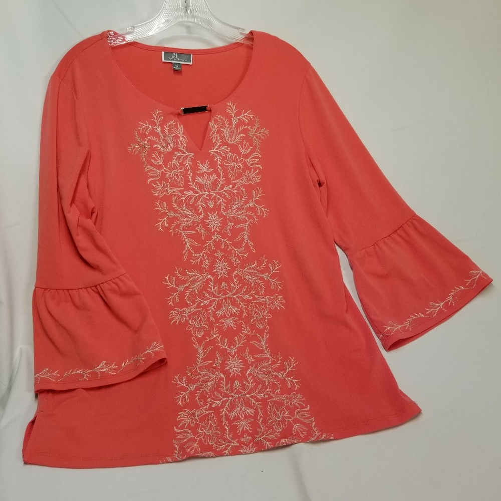 JM Collection Tunic Sz M Coral Embroidered Keyhole Neck Gold Detail 3/4 Sleeve